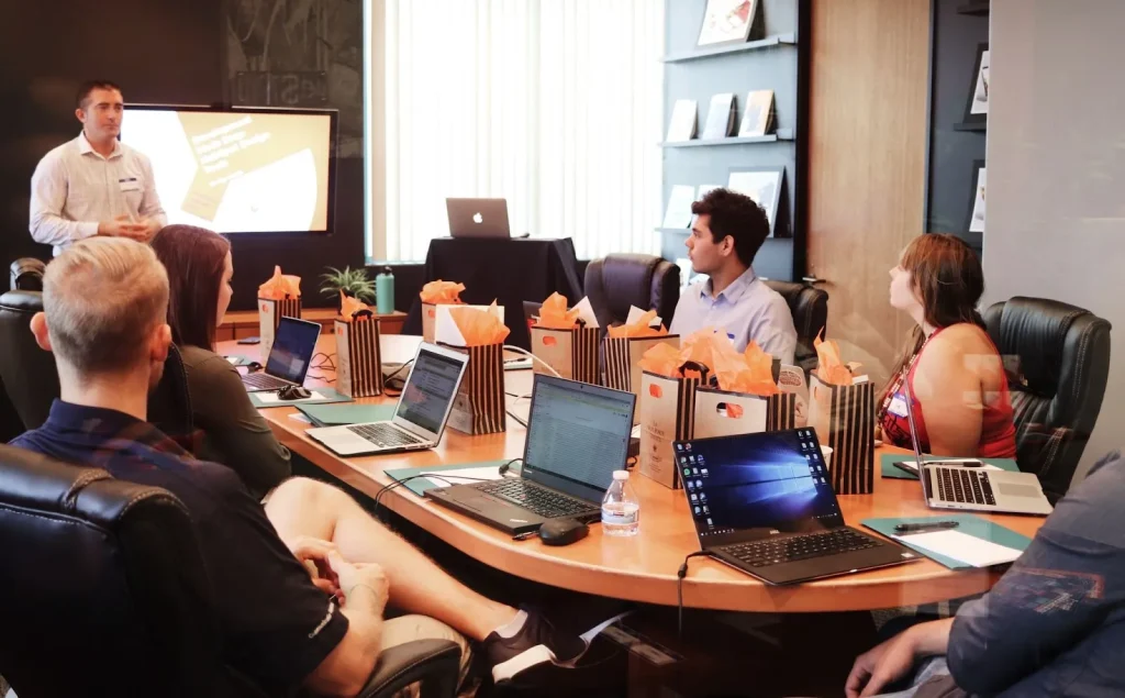 Image of a team discussing a product launch, focusing on the customer persona.