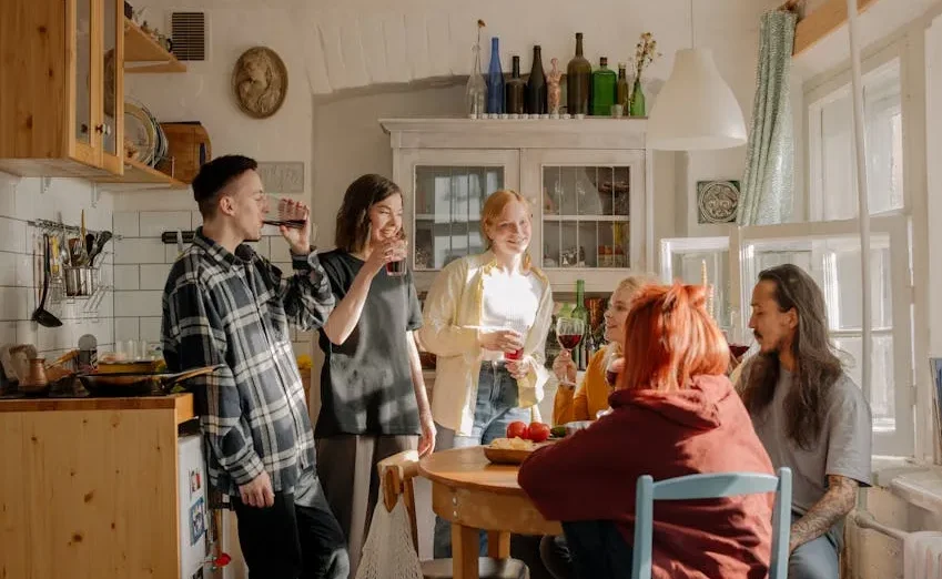 Image of a diverse group of young people socializing in a bright, modern share house living room.