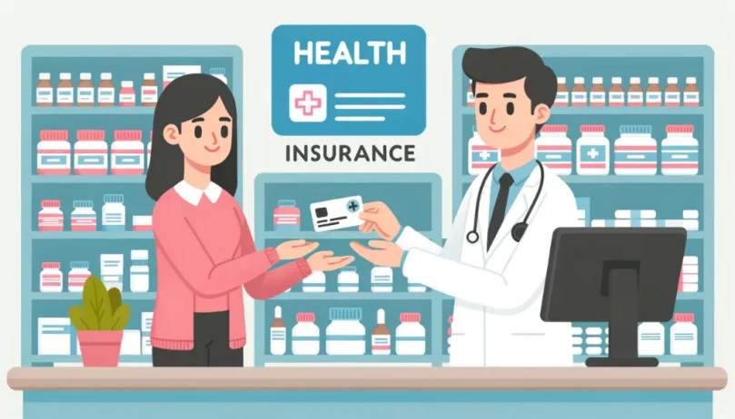 A vector illustration of a customer handing a health insurance card to a pharmacist, emphasizing the importance of proper insurance procedures.