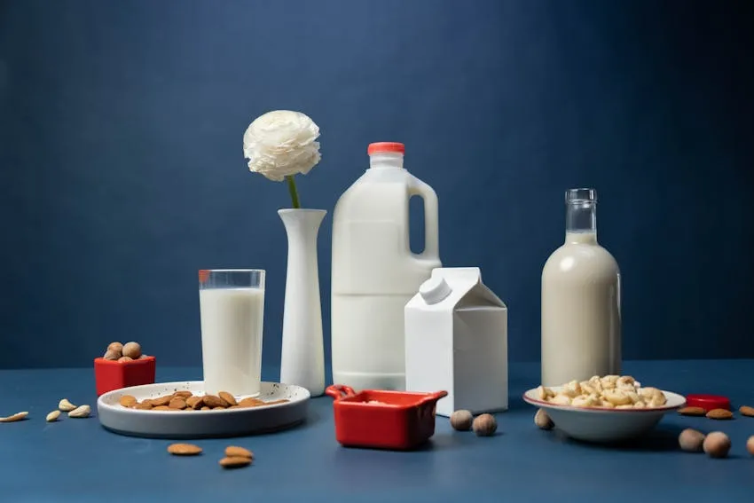 Image of various milk cartons in a Japanese supermarket refrigerator case.